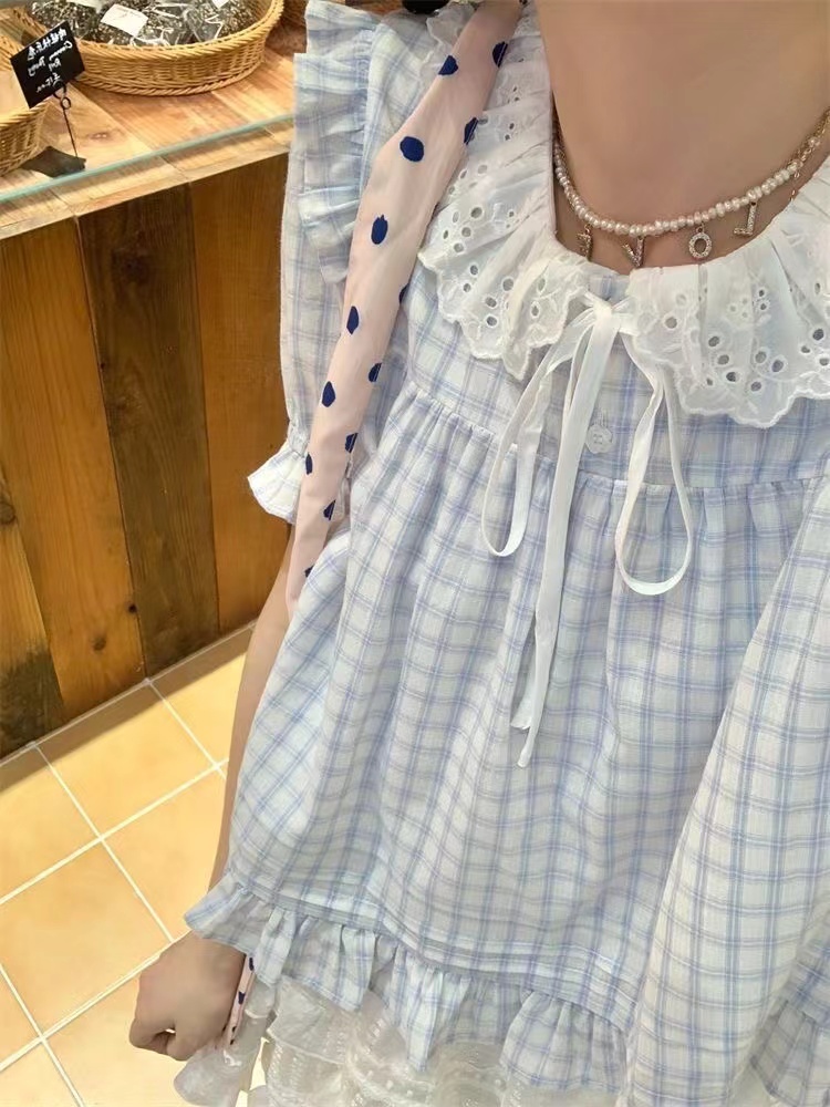 2024 new summer sweet plaid college style lace suspenders loose bow short top for women
