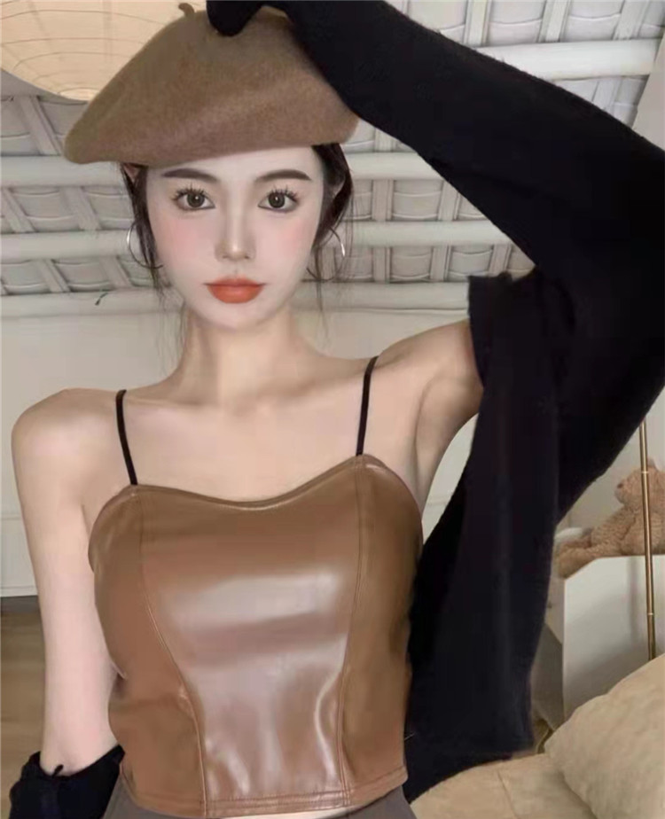 復古皮背心女外穿短款彈力胸墊吊帶春季緊身顯瘦內搭辣妹無袖上衣