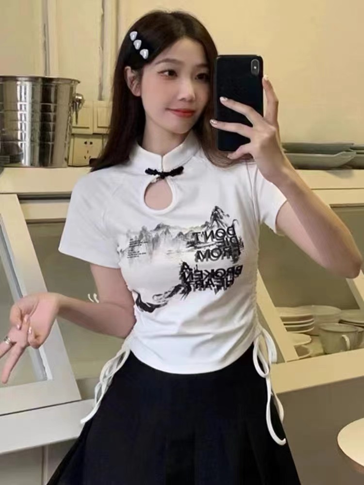 新中式盤扣短袖正肩t恤女夏設計感小眾抽繩收腰緊身辣妹上衣