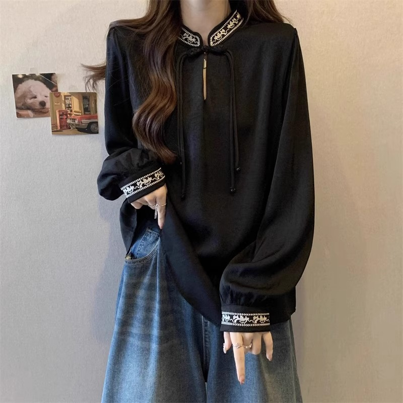 原版做工新中式國風盤扣立領襯衫女大碼胖mm氣質減齡寬鬆上衣