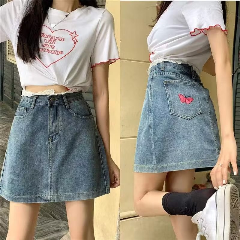 2024年新款高腰顯瘦蕾絲花邊蝴蝶刺繡牛仔短裙女夏大碼半身a字裙