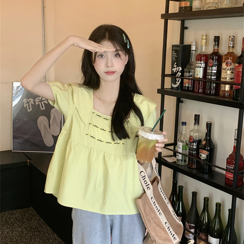 Actual shot of new square collar ruffled embroidered shirt puff sleeves sweet top