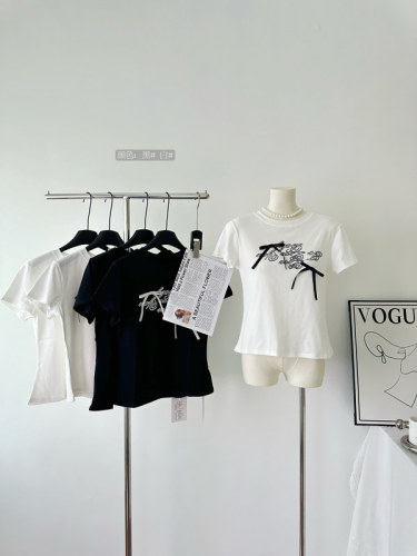 NEWPOEN2024 spring and summer new niche Korean letter print bow miu short-sleeved T-shirt women's tops
