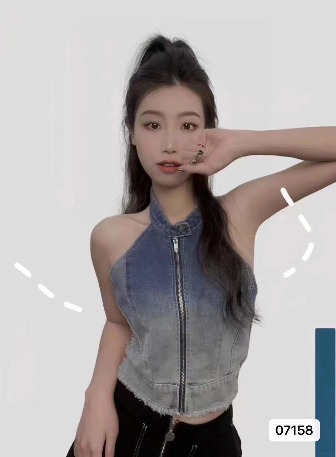 新款設計感美式辣妹牛仔拉鏈露背掛脖背心2024春夏ins潮性感拼接
