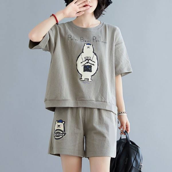 Ladies' 2024 Summer Big Size Workout Set - 2 Piece Cover Up Loose Casual Short Sleeve Shorts, 200 Lbs