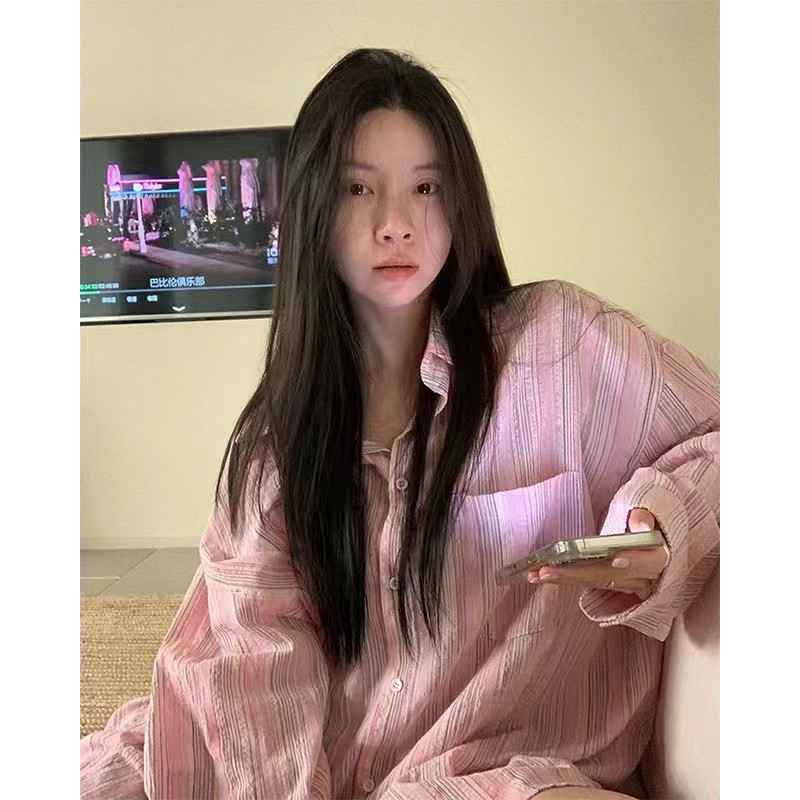 粉色條紋襯衫女夏季韓版慵懶風襯衣寬鬆長袖防曬上衣外套薄款