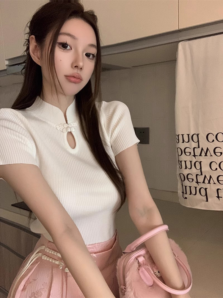 已出貨 新中式國風立領洋氣短袖針織衫女夏季設計感鏤空顯瘦上衣