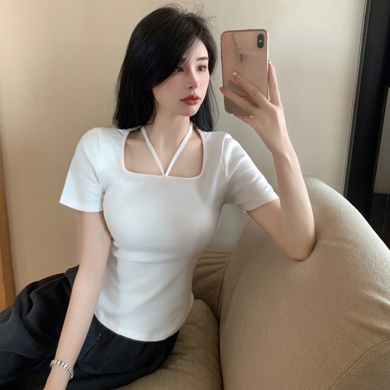 Actual shot of 2024 new summer style pure lust style halterneck short-sleeved T-shirt slim fit short top hot girl bottoming shirt
