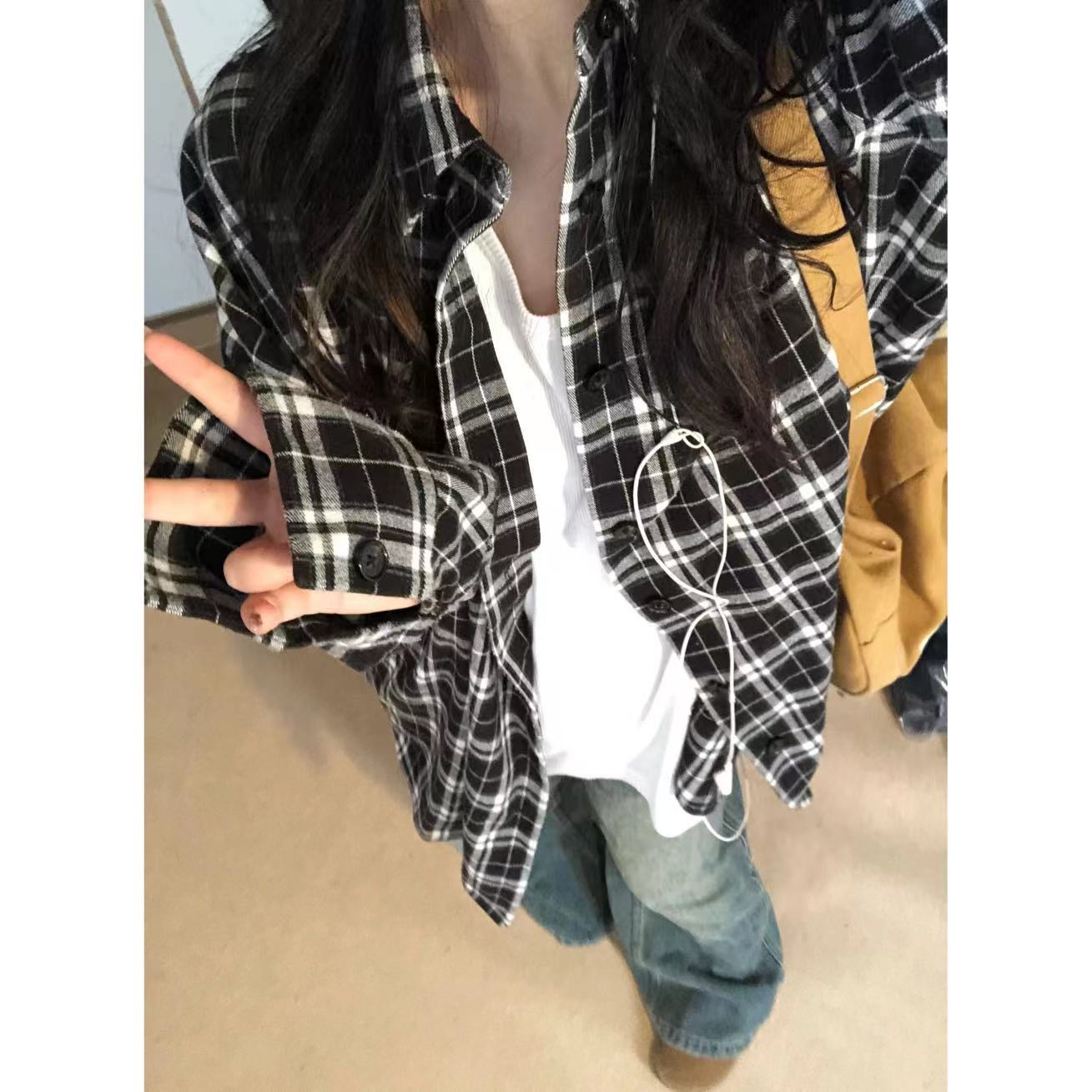 法式格子防曬襯衫女秋季bf慵懶風襯衣外套設計感小眾長袖上衣