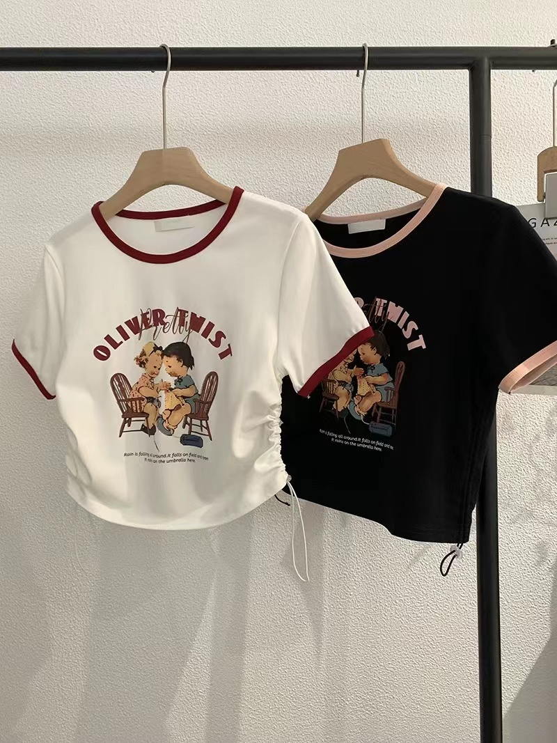 2024夏季新品 韓版女裝印花包邊短袖T恤短款抽繩上衣