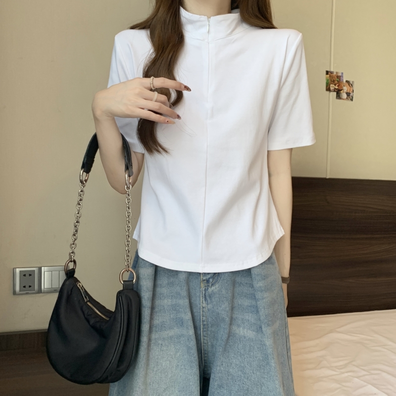 實拍~純棉美式復古簡約設計半拉鏈短袖t恤女不規則