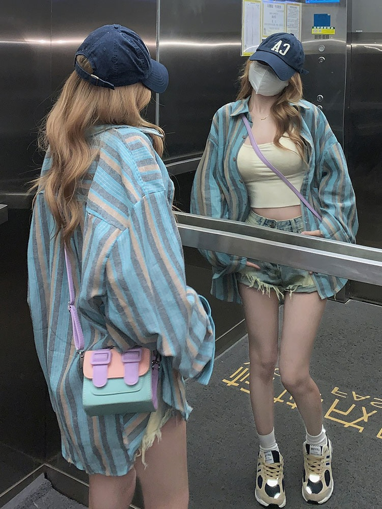 美式復古條紋撞色防曬襯衫外套女夏季薄款小眾設計感冪式穿搭襯衣