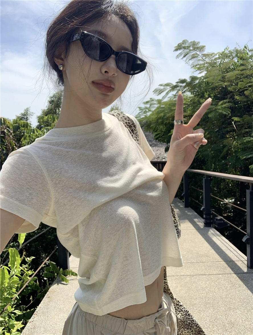 實拍 炒舒服 亞麻肌理微透寬鬆短袖T恤女獨特小上衣