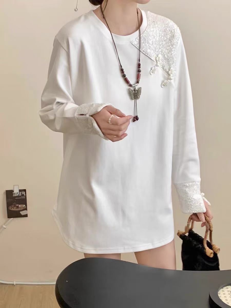 國風亮片盤扣拼接長袖T恤女2024春季新款寬鬆顯瘦中長款打底衫潮
