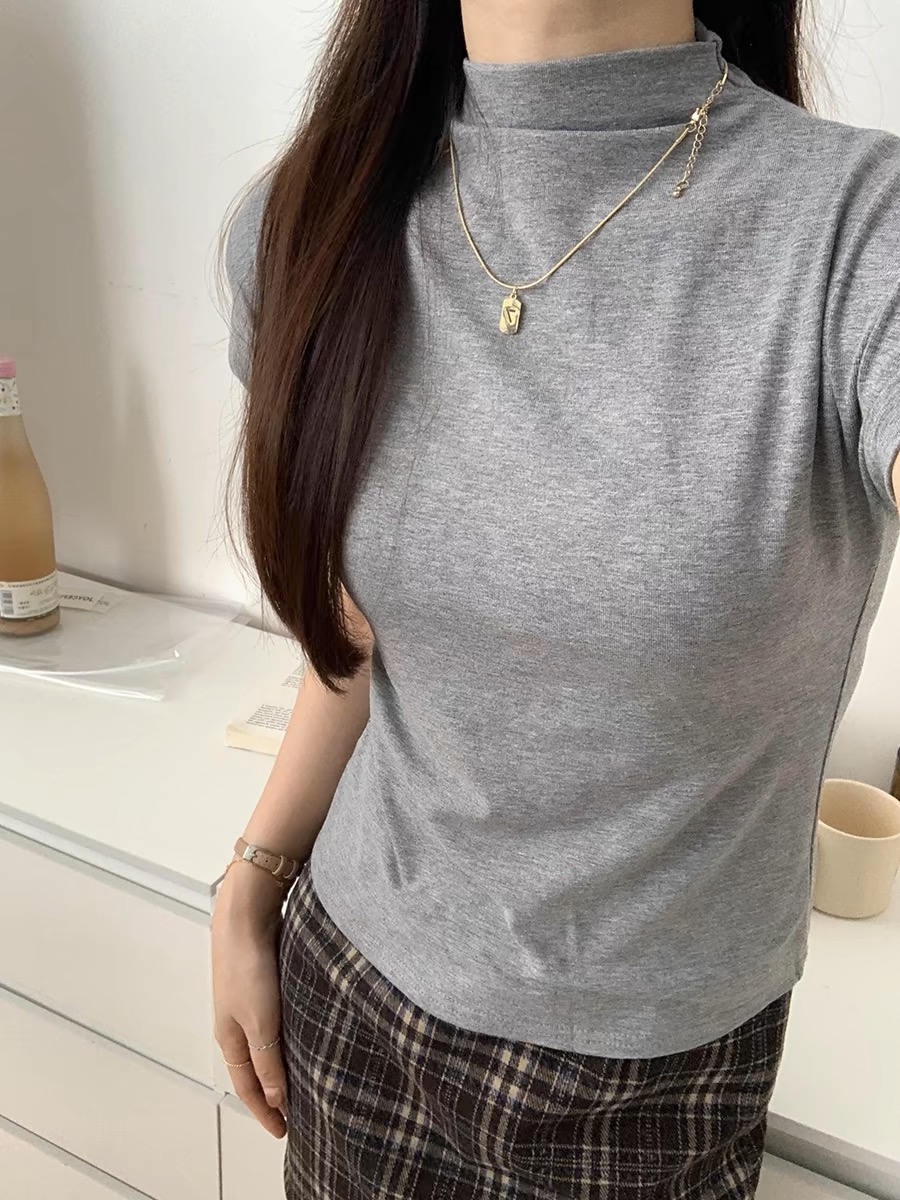 軟糯半高領短袖t恤女春夏新款修身顯瘦內搭打底衫直角肩上衣ins