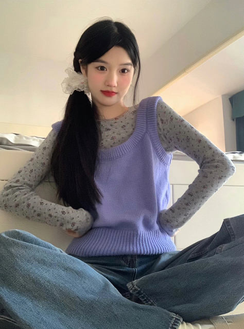 甜美風套裝女粉色疊穿針織毛衣馬甲背心碎花打底衫T