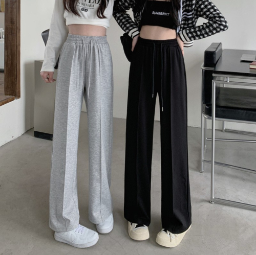 Spring and autumn new style gray sports pants for women, wide-leg pants, loose, tall and slim, drawstring, casual drape straight trousers