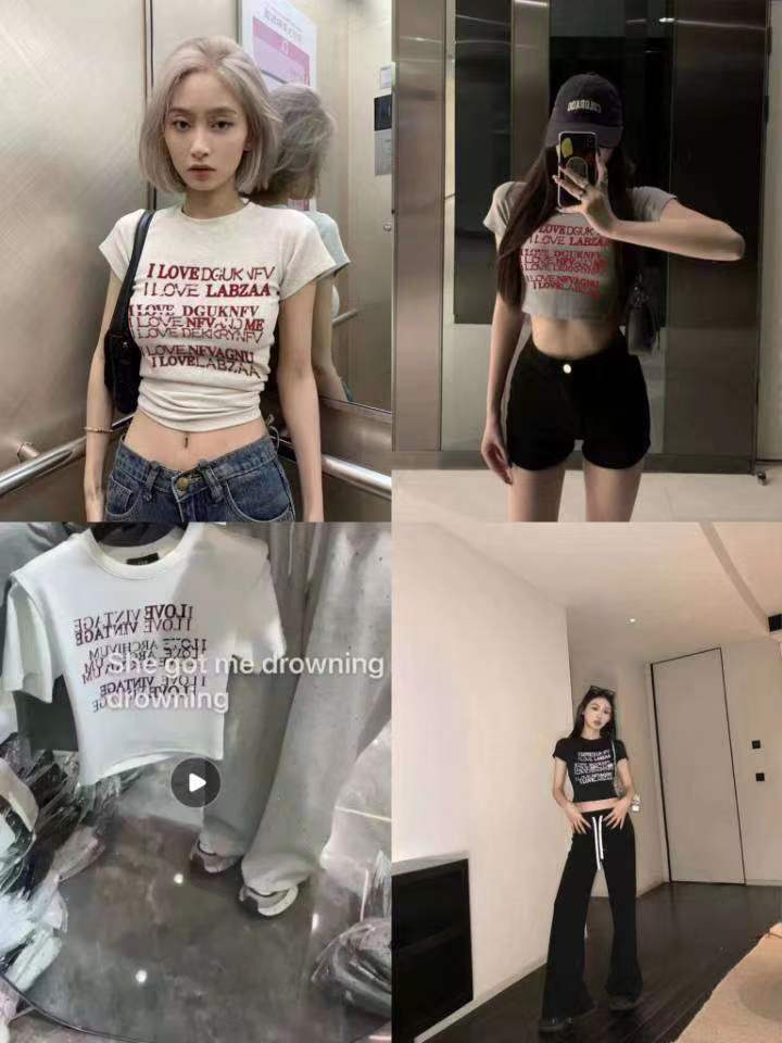 2024十三行美式復古正肩短袖女夏季字母印花短款辣妹t恤vintage