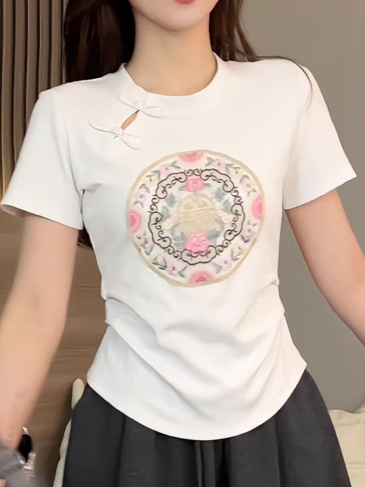 國風盤扣短袖T恤女2024新款春夏季修身刺繡印花打底衫新中式上衣