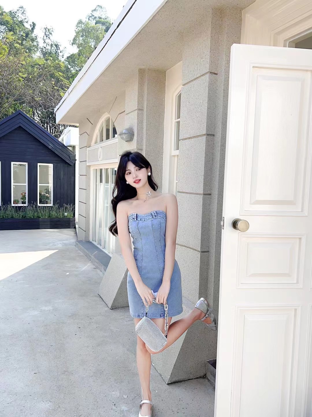 港味復古chic裙子純欲風甜酷辣妹性感包臀修身顯瘦抹胸牛仔連衣裙