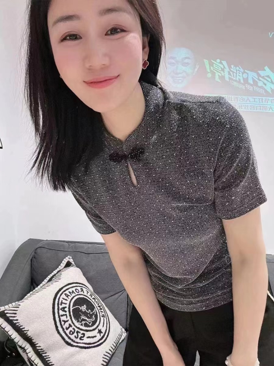 新中式國風盤扣短袖T恤女2024春季新款黑色立領別致絕美小衫上衣