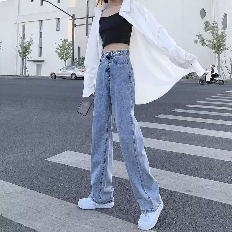 高腰闊腿牛仔褲女2024年春夏新款直筒寬鬆小個子百搭顯瘦拖地長褲
