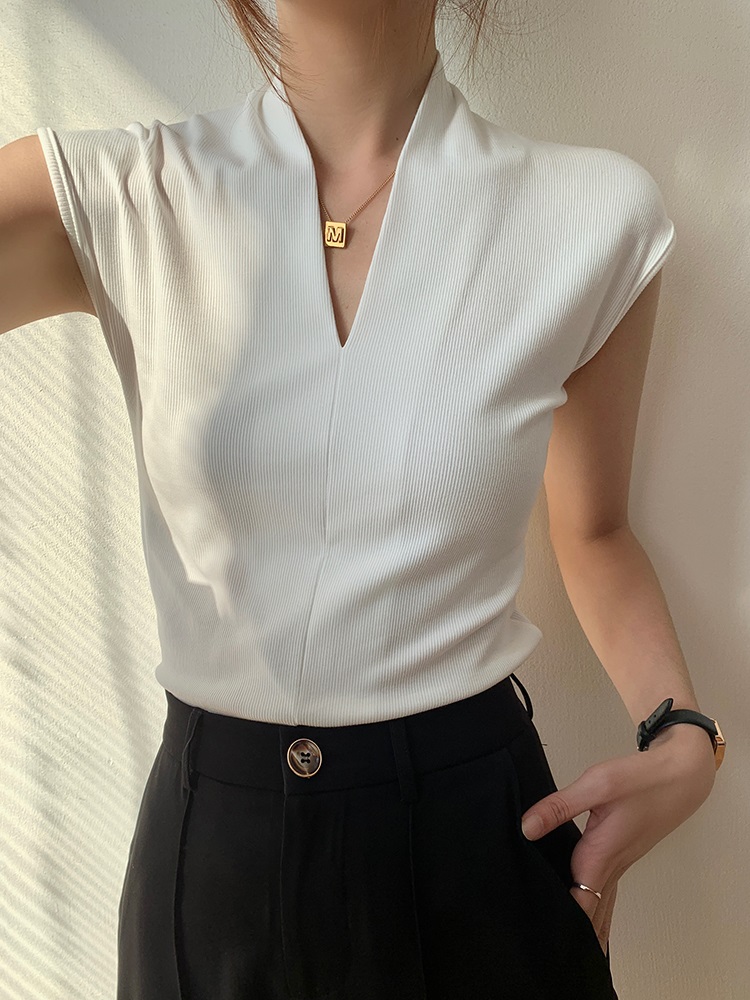白色v領無袖t恤女2024新款夏季高級感修身西裝內搭打底衫砍袖上衣