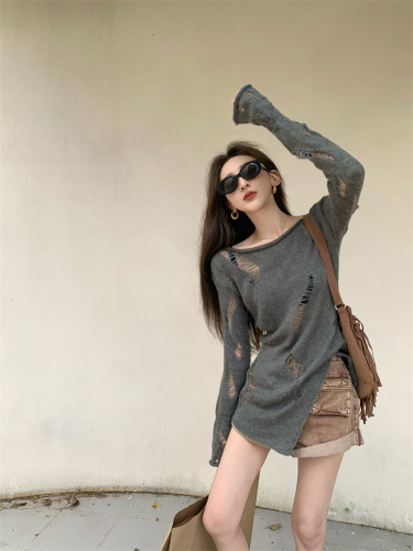 Hong Kong style sun protection blouse for women, new spring style, lazy style, ripped gray sweater, design knitted sweater top