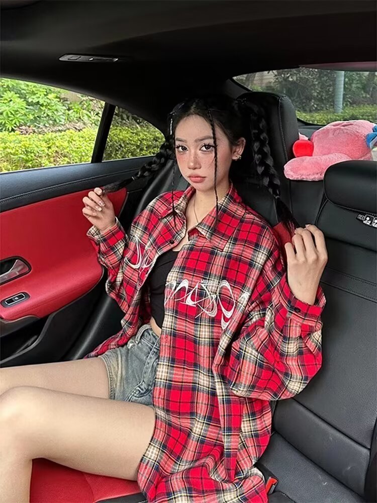 秋季新款長袖紅色格子襯衫美式潮牌女裝高街寬鬆高級感襯衣帥上衣