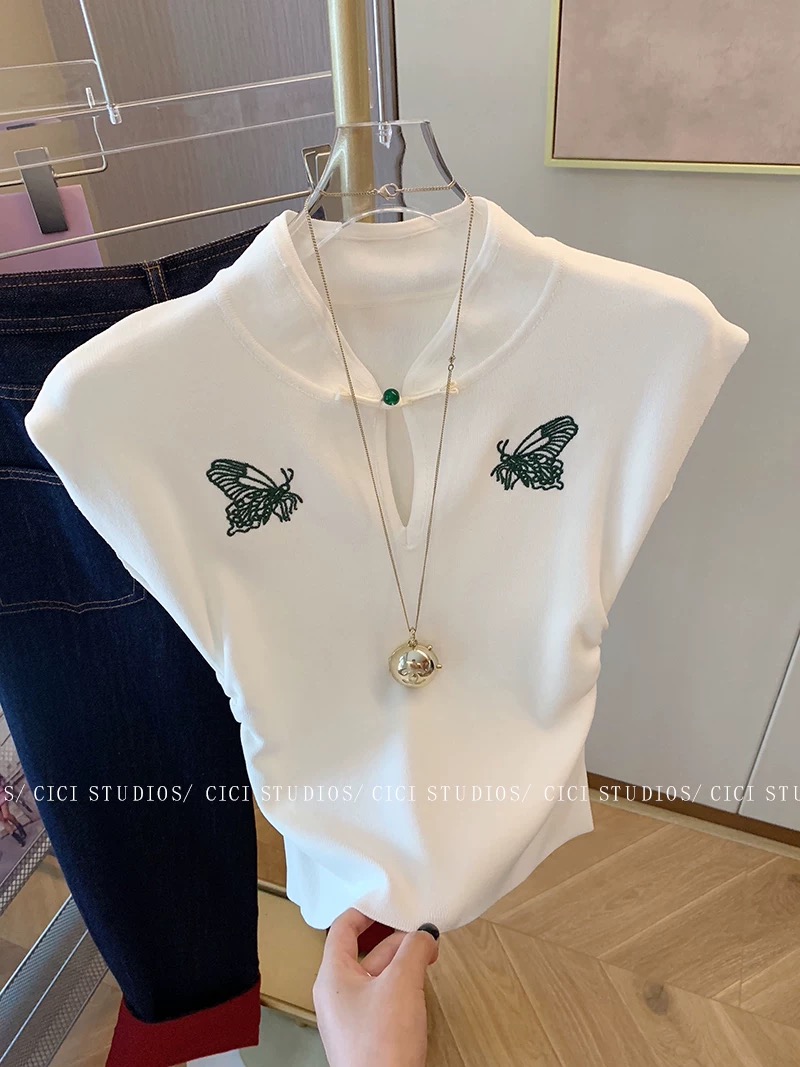 新中式鏤空蝴蝶刺繡針織衫女春夏2024新款顯瘦修身收腰氣質短上衣