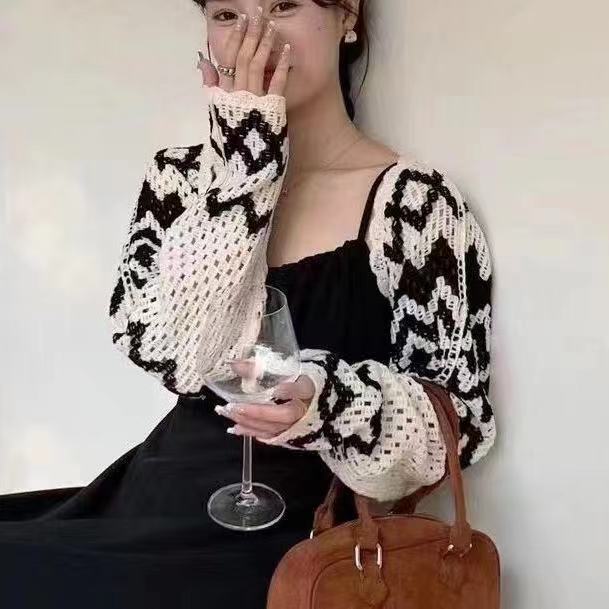 長袖菱格外搭短外套時尚百搭潮流個性外穿女裝復古防曬開衫