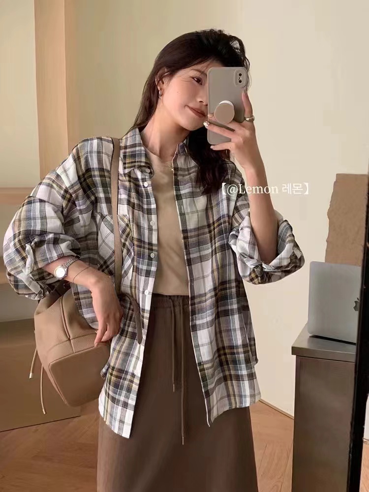 韓版復古格紋襯衫女春秋新款寬鬆型休閒襯衣外套