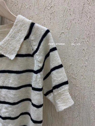BB Korean style real shot polo collar striped ramie knitted beaded pullover sweater new style gentle style single wear