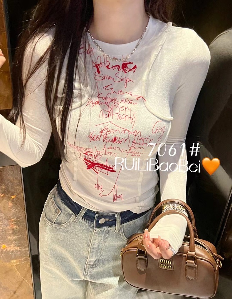美式復古T恤長袖女2024春季新小眾圓領修身顯瘦打底衫內搭上衣潮