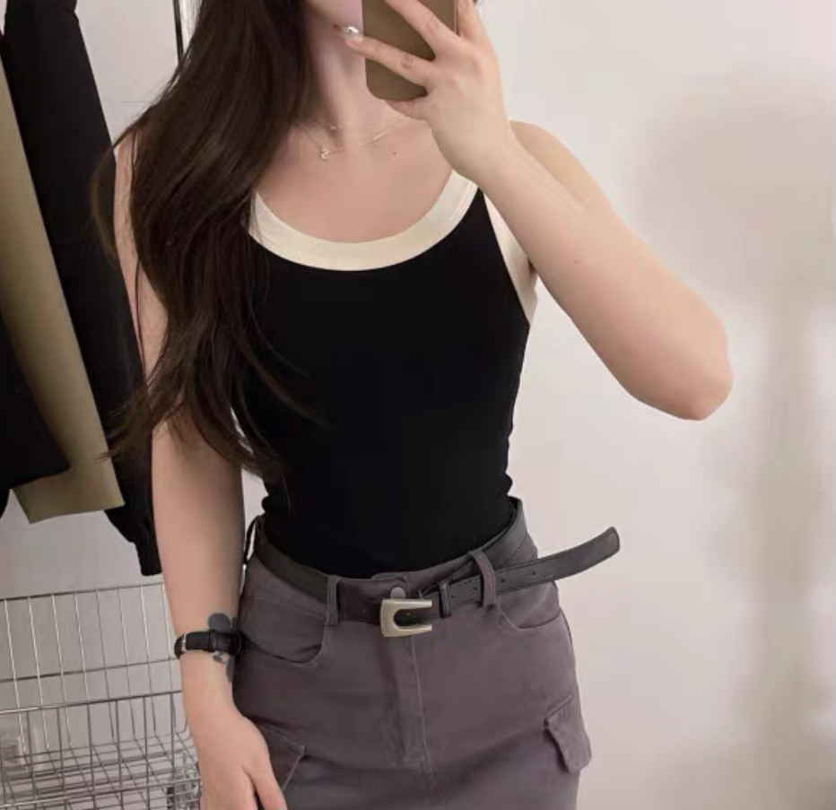 2024新款春夏百搭撞色帶胸墊運動小背心女外穿辣妹上衣