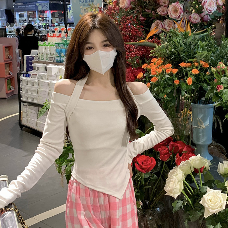 牛奶絲一字肩掛脖長袖T恤女秋季新款辣妹內搭短款打底衫上衣