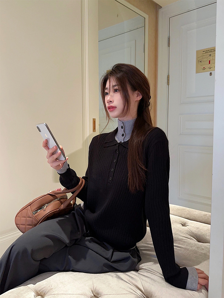 復古洋氣假兩件雙翻領針織毛衣女冬季休閒百搭撞色打底衫長袖上衣