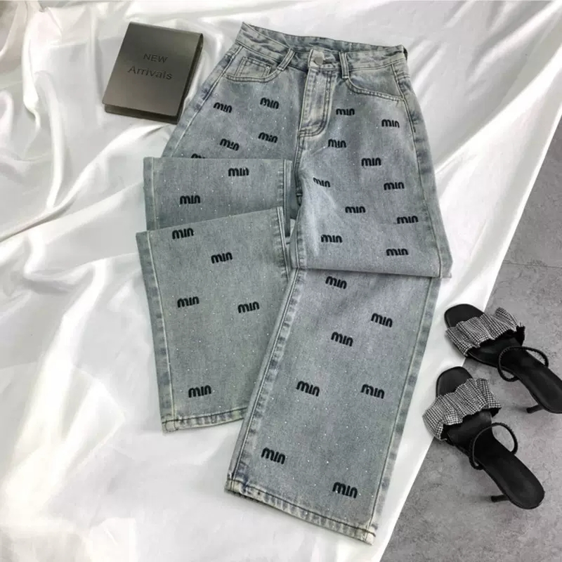時髦高級感燙鑽刺繡字母Miu闊腿牛仔褲女春秋高腰直筒拖地褲
