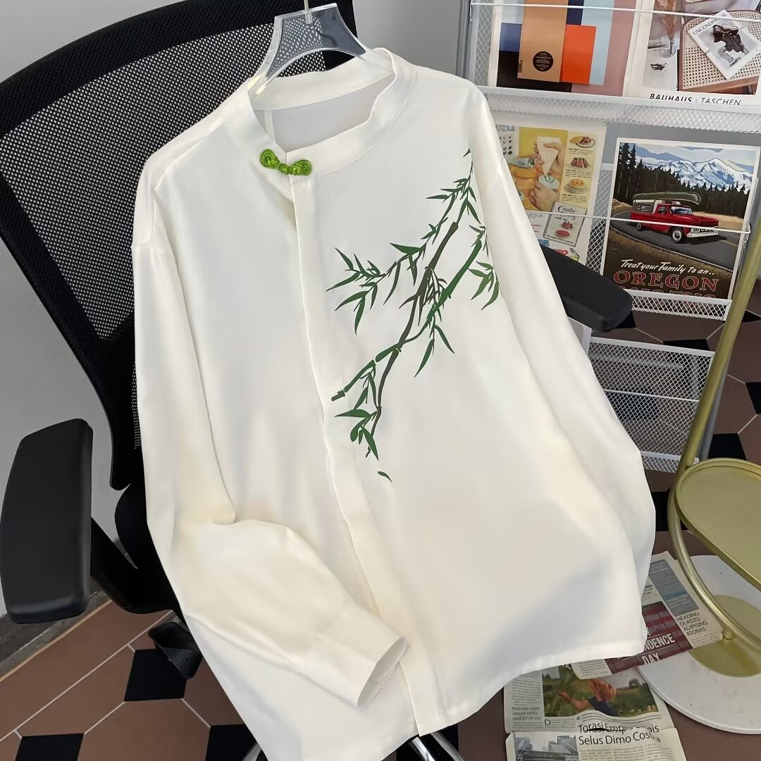 免燙冰絲新中式國風盤扣油畫翠竹印花襯衫女春秋內搭長袖襯衣