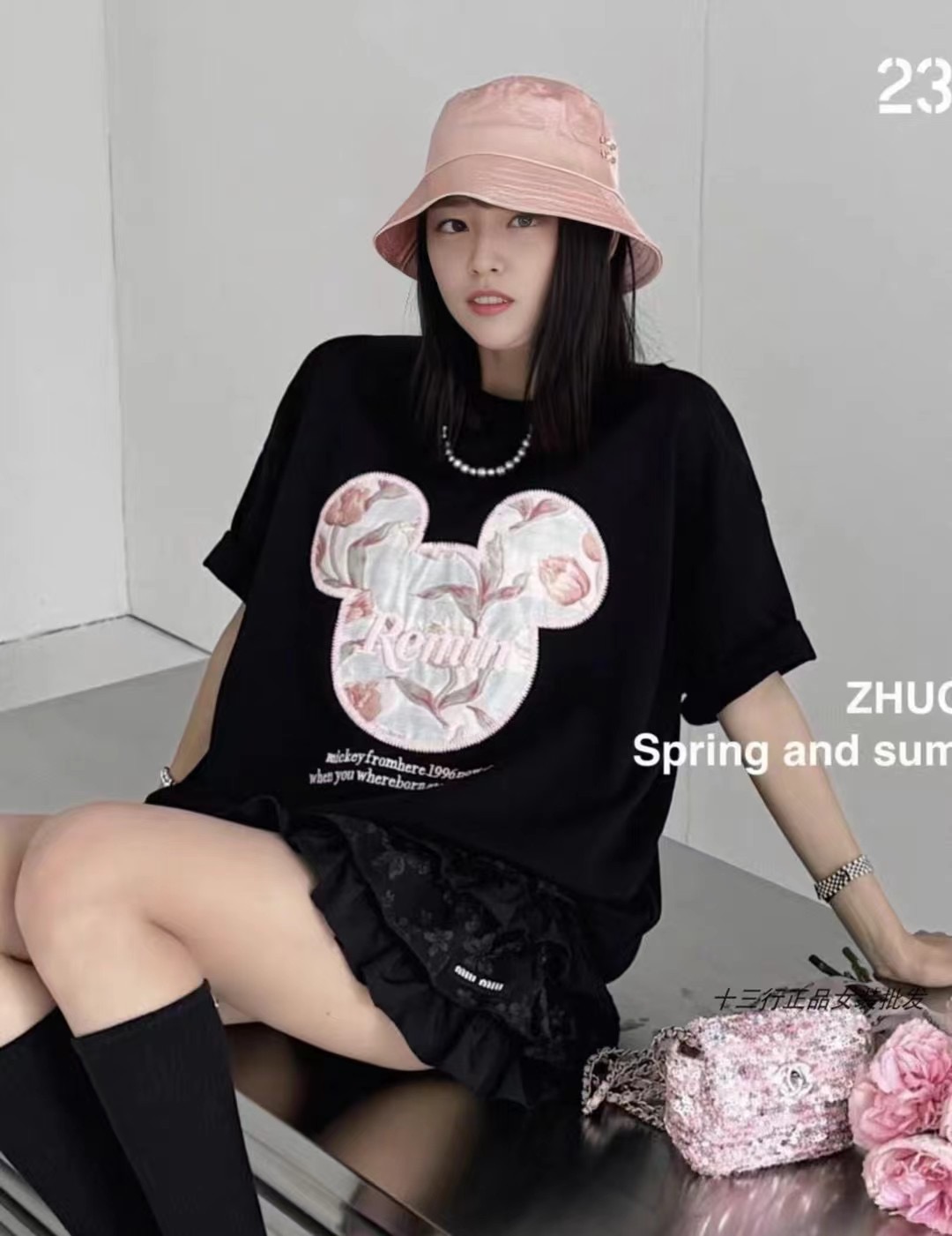 歐貨版2024春季新款卡通米奇貼布繡花寬鬆顯瘦百搭短袖T恤女