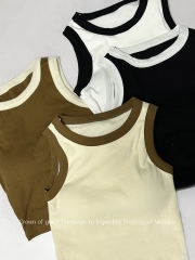 2024 New Color-blocked Hem Slimming Tank Top Sleeveless Top Hot Girl Short Sleeve Simple Backless Women's Fashion