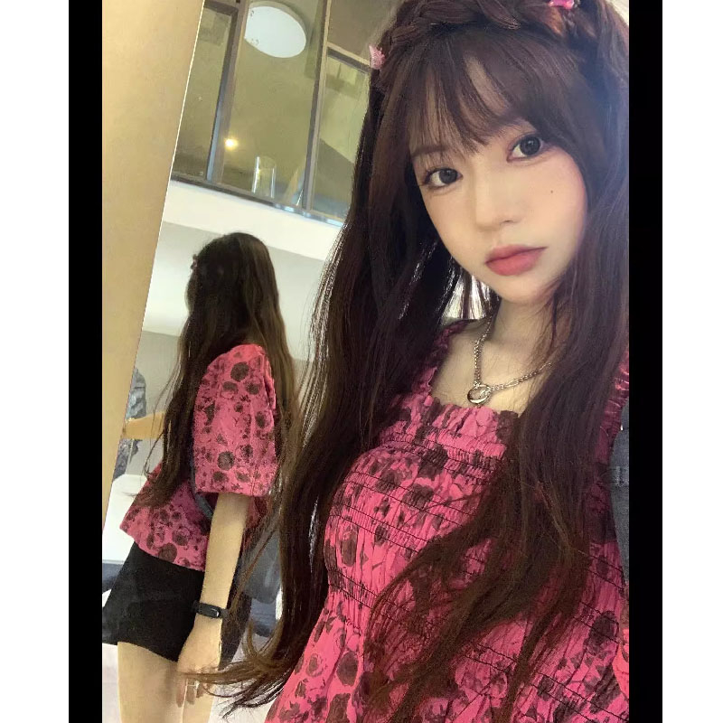 碎花短袖襯衫女夏季法式甜辣方領泡泡袖上衣設計感小眾