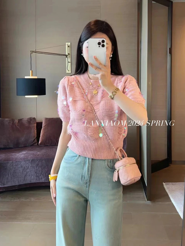 European design round neck sequined short-sleeved sweater for women 2024 spring and summer new fashion style versatile slimming top trendy