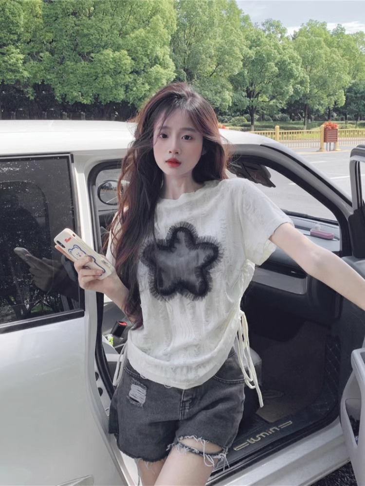 2024新款抽繩星星短袖T恤女夏季美式辣妹風設計感正肩小眾上衣潮