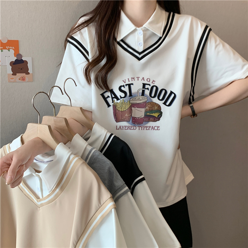實拍100聚酯纖維夏季插色假兩件polo寬鬆韓版短袖t恤女