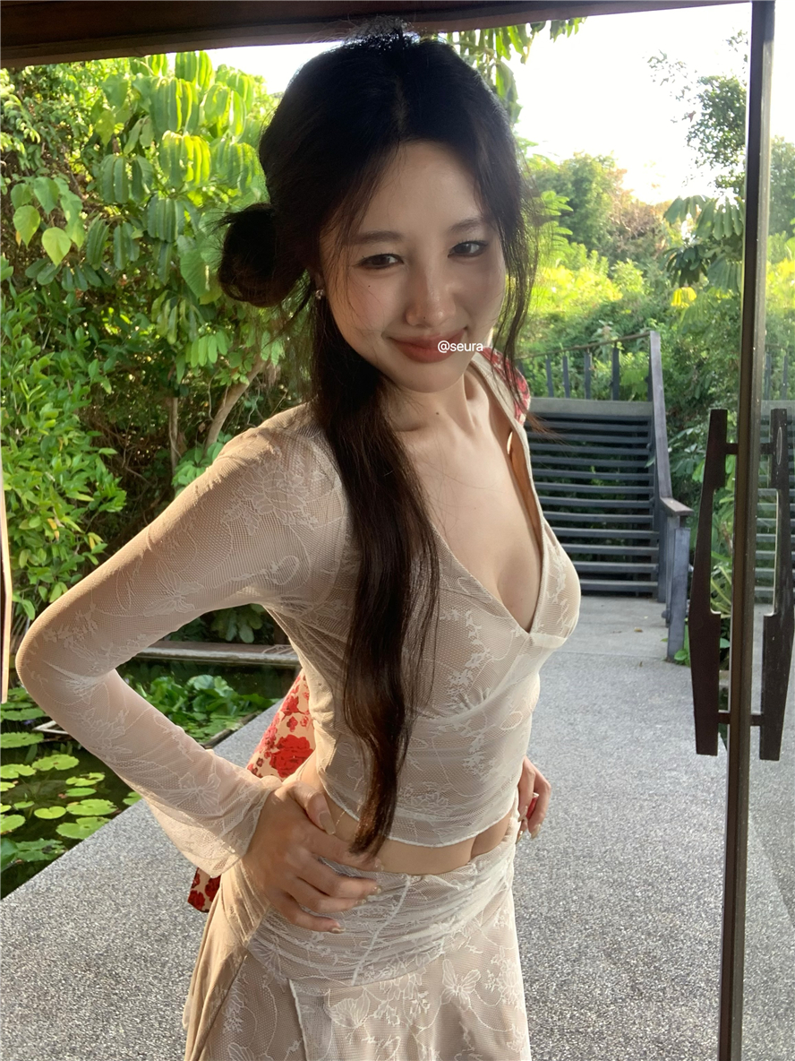 實拍純欲風蕾絲兩件套裝新款V領長袖T恤衫上衣荷葉邊半身裙