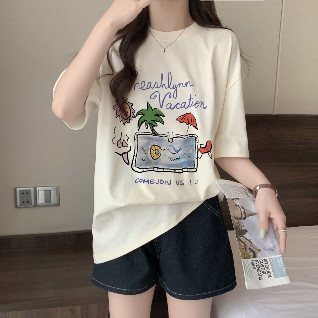 實拍 100%棉精梳純棉 印花夏裝短袖T恤女寬鬆韓版