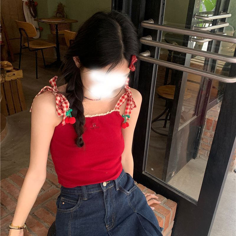紅色櫻桃設計點綴可愛綁帶背心修身無袖上衣女夏季