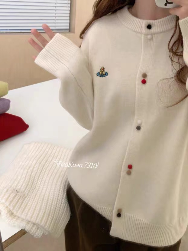 刺繡針織開衫女2024早春新款單排扣圓領長袖毛衣外套軟糯韓版上衣