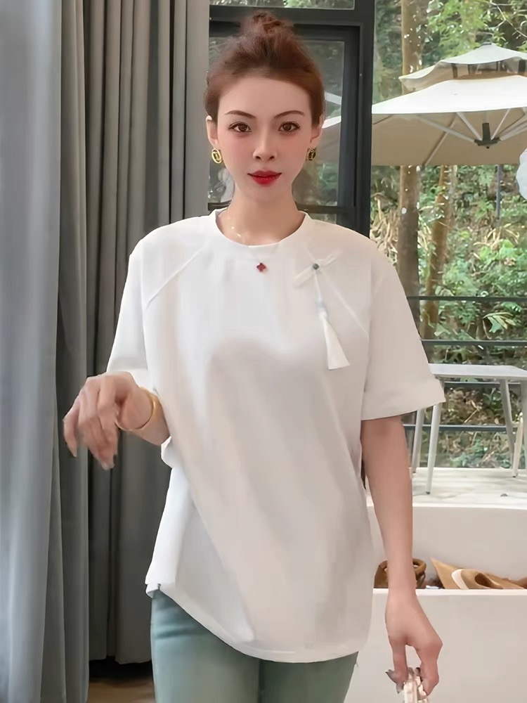 新中式圓領洋氣時尚流蘇短袖T恤女2024夏季顯瘦休閒寬鬆打底上衣